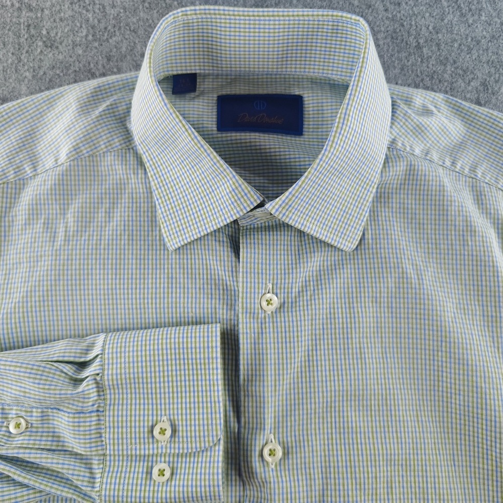 David Donahue Check Button Down Dress Shirt Mens 16.5 34/35 Blue Green Cotton
